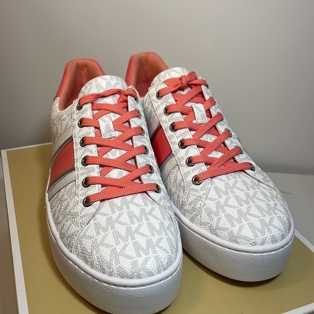 Michael Kors Poppy stripe lace up sneaker shoes bright white grapefruit color - Picture 8 of 14